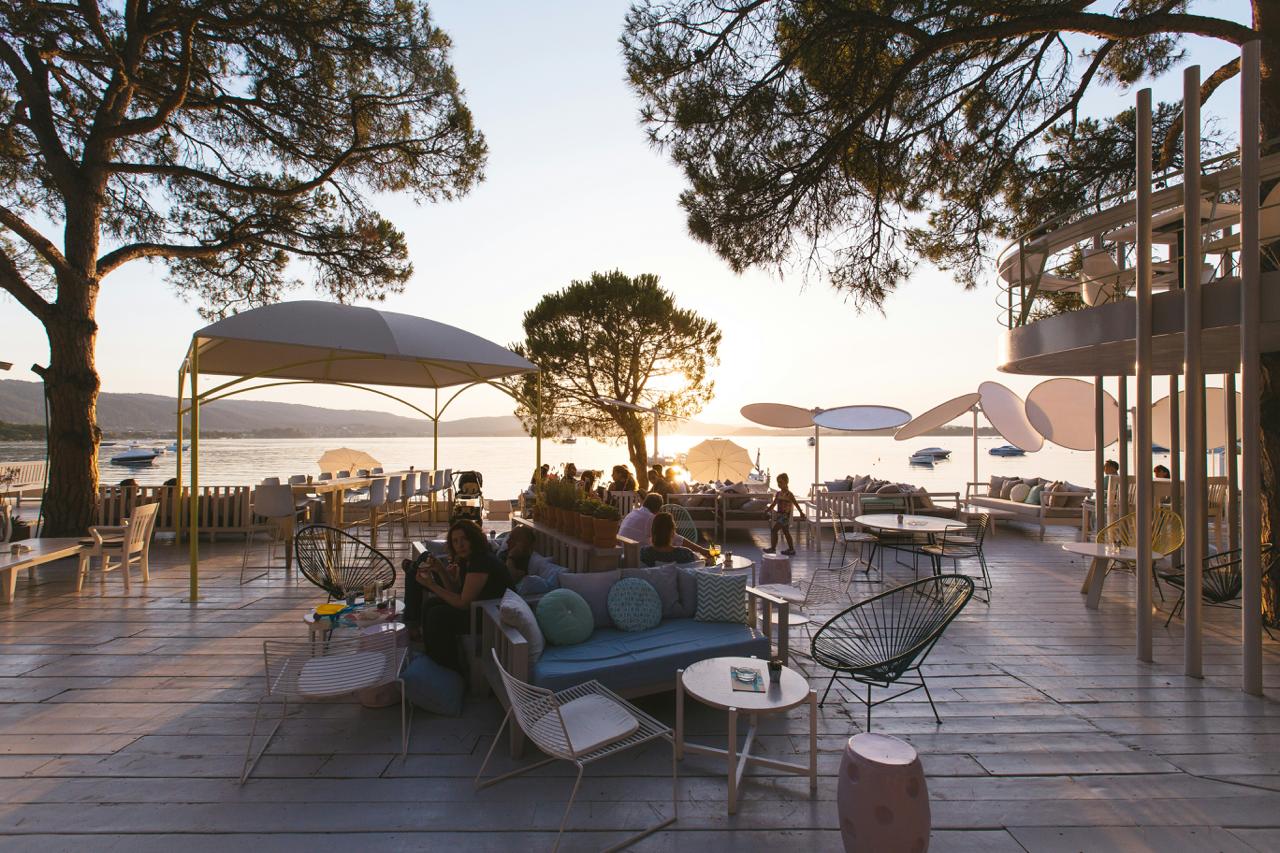 180° terrace, daybeds and social leisure deck at sunset